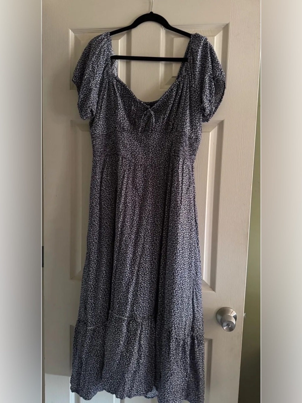 Hollister Navy Floral Midi Dress with Puff Sleeves
